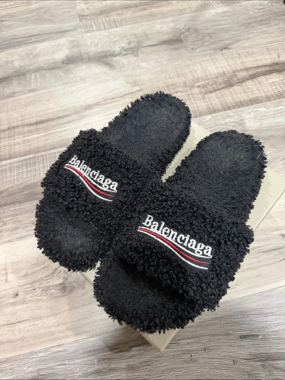 Balenciaga Black Fuzzy Logo Slide Sandals with Red & White Trim